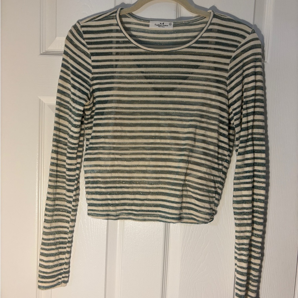 Striped Long Sleeve Cropped Tee - Green & Cream